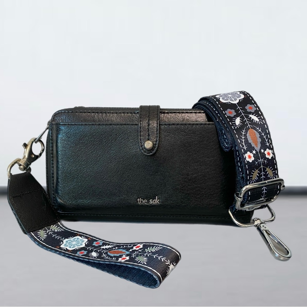 The Sak Black Leather Iris Smartphone Wallet with New Crossbody Straps